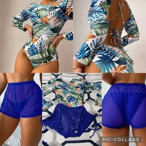 💕2 piece Shein Tropical Palm One Piece Swimsuit Long Sleeve Blue Shorts Large L